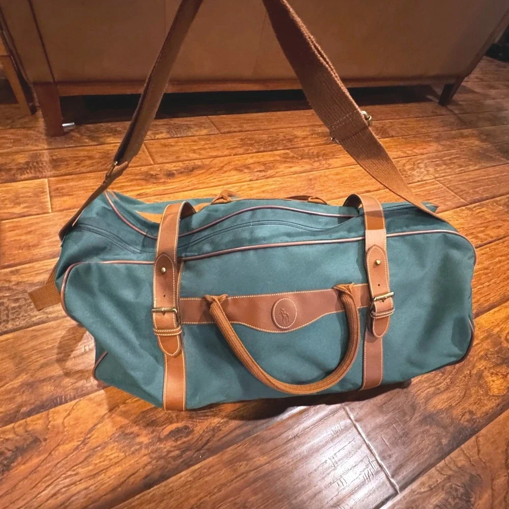 Polo Ralph Lauren Rolling Duffel Bag Green Canvas Leather Trim 24x13x11 Travel